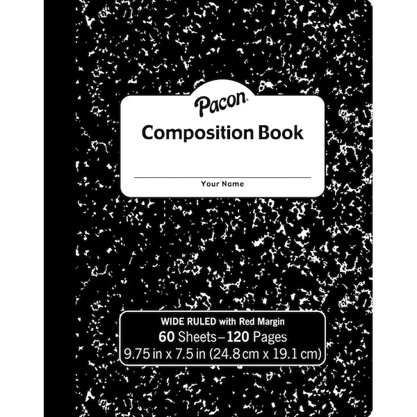 Composition Book, Black Marble, 3/8in. Ruled W/Margin, 60 Sheets Per Book, 12PK